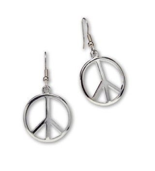 Hippie Peace Sign Dangle Earrings Polished Silver Finish Pewter - C611JVQTQMT