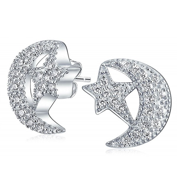 Bling Jewelry CZ Crescent Moon Star Stud earrings 925 Sterling Silver 14mm - CS11XUDVO01