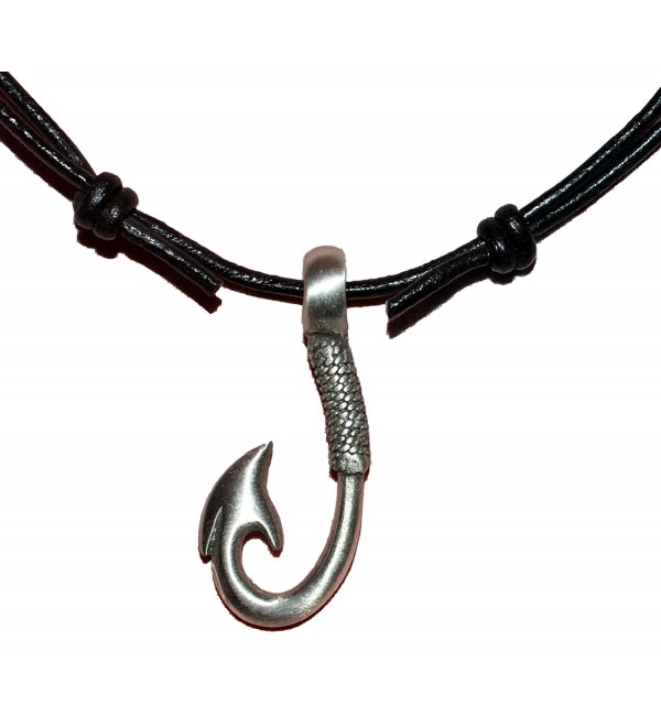 Native Treasure - Fishing Hook with Rope Design Pewter Pendant Black Leather Cord Necklace Choker - CN110HBS5IN