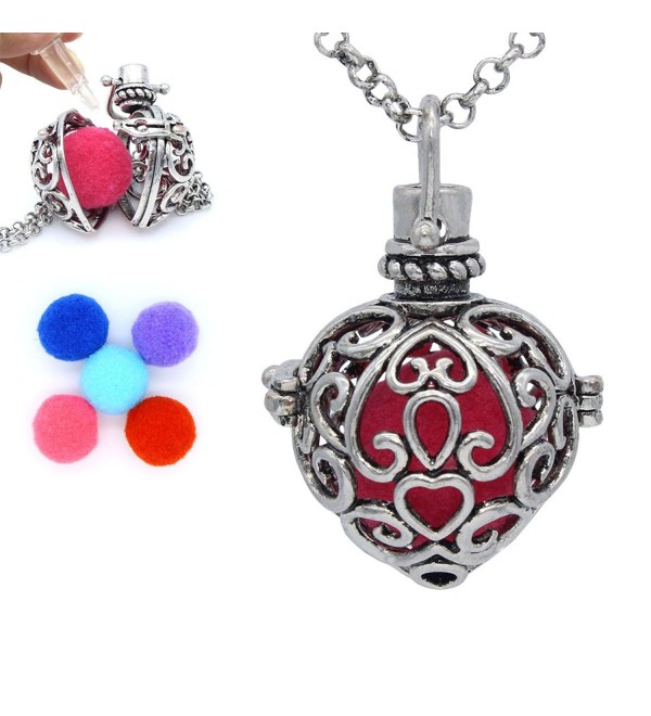 Antique Silver Heart Shaped Locket Pendant Essential Oil Aromatherapy Diffuser Necklace+5 pompons - CO126668S61