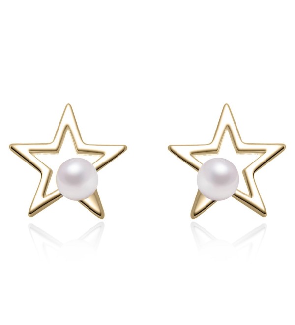 YAN & LEI Sterling Silver Cutout Star with 3 MM Simulated Round Shell Pearl Stud Earrings - Golden - CF12MAZQ0RC