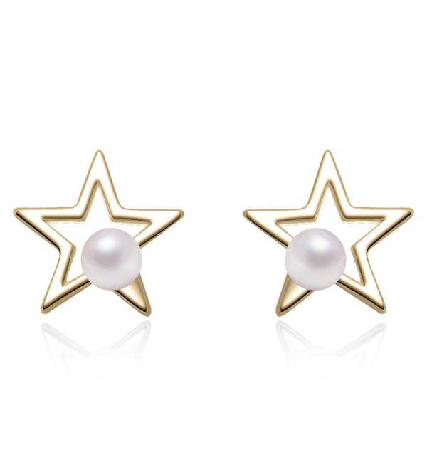 YAN & LEI Sterling Silver Cutout Star with 3 MM Simulated Round Shell Pearl Stud Earrings - Golden - CF12MAZQ0RC