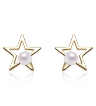 YAN & LEI Sterling Silver Cutout Star with 3 MM Simulated Round Shell Pearl Stud Earrings - Golden - CF12MAZQ0RC