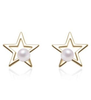 YAN & LEI Sterling Silver Cutout Star with 3 MM Simulated Round Shell Pearl Stud Earrings - Golden - CF12MAZQ0RC