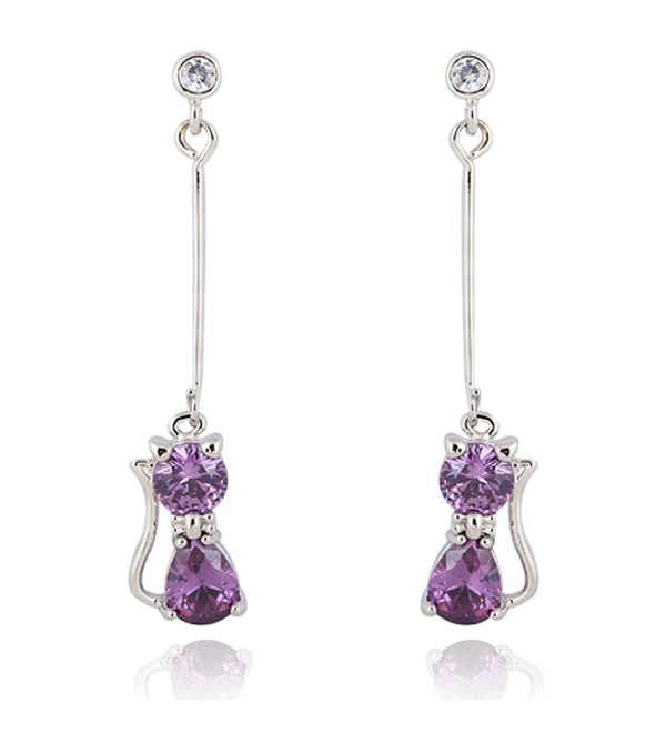 Yazilind Charming 18k Gold Plated Round Clear Cut Cubic Zirconia Elegant Cat Long Dangle Drop Earrings - purple - C111MK3R9NN