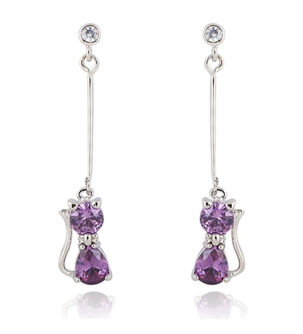 Yazilind Charming 18k Gold Plated Round Clear Cut Cubic Zirconia Elegant Cat Long Dangle Drop Earrings - purple - C111MK3R9NN