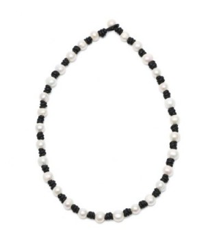 Aobei Pearl Women's Knotted Freshwater Cultured Pearls Leather Choker Necklace with Genuine White Pearl 18" - CB12F67QELR