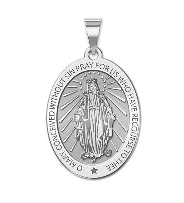 Miraculous Medal Oval Pendant - Available in Solid 14K Yellow or White Gold- or Sterling Silver - sterling-silver - CV11ETLDPEL