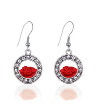 Red Rose Circle Charm Earrings French Hook Clear Crystal Rhinestones - CM124BUHXNX