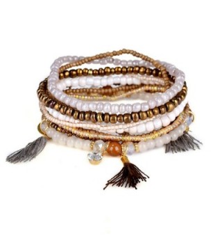 Bohemian Beaded Bracelet Brown Stretch Strand Wrap With Charm Layered Three Tassels RareLove - Brown - CO1836WTMNU