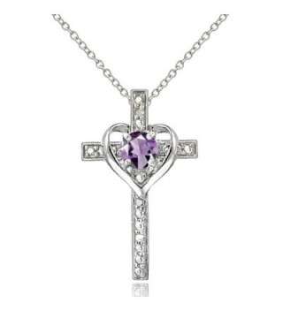 Sterling Silver Gem Cross Heart Pendant Necklace for Girls- Teens or Women - Amethyst - Silver - CM12EL1W7AP