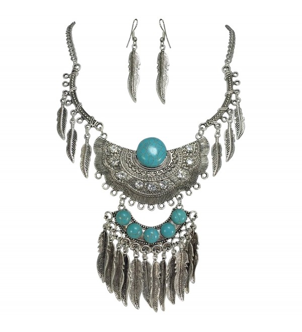 Simulated Turquoise Silver Tone Western Southwestern Look Necklace & Dangle Earring Set - C212M1JD49D