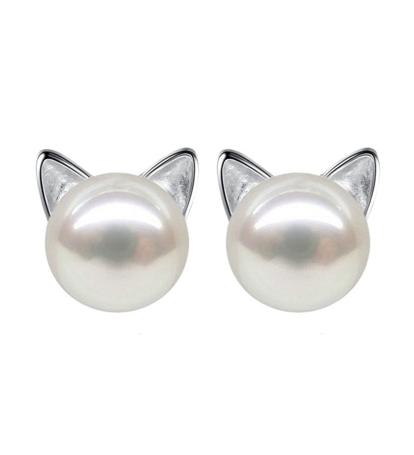Wicary Cat Earrings Sterling Silver Cultured Freshwater Pearl Stud Earrings - Earrings - CT126NG0USD