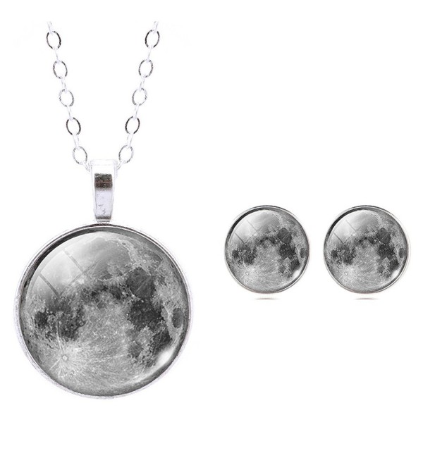 Jiayiqi Women Unique Galaxy Lunar Surface Moonscape Gem Pendant Necklace Stud Earrings Jewelry Set - CO124V108OX