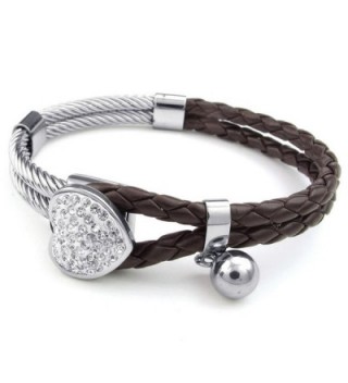 KONOV Womens Leather Stainless Steel Bracelet- Heart Charm Braided Cuff Bangle- Brown Silver - CG11NHOGAY7