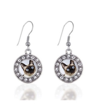 Siamese Cat Circle Charm Earrings French Hook Clear Crystal Rhinestones - CY124BUYJZ3