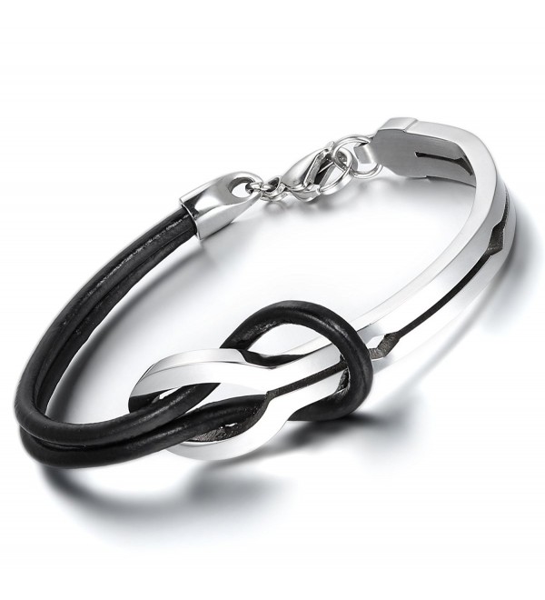 Cupimatch Stainless Steel Leather Love Infinity Couples Bracelet Bangle for Men Women - CW12NG0R4Z5