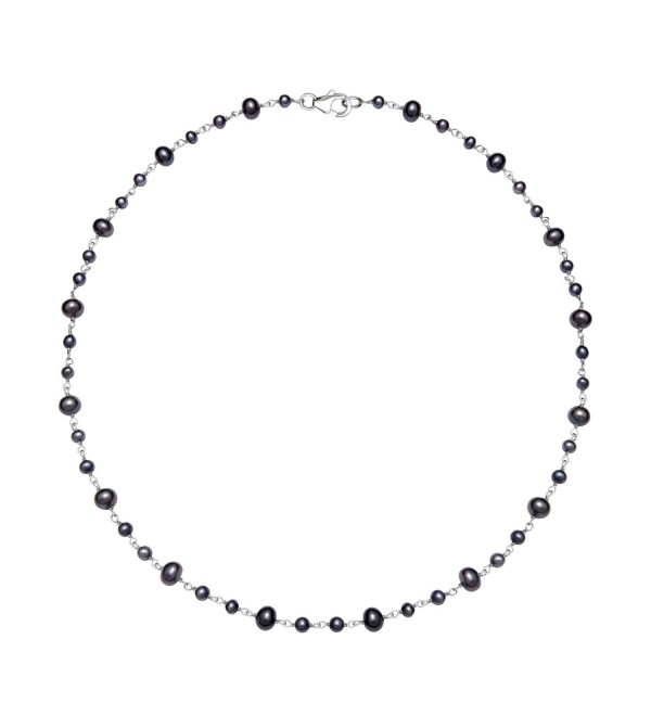 Sterling Silver 3-5.5mm Cultured Freshwater Pearl Station Chain Necklace- 18" - Black - C211CRP7M7R