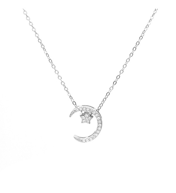 Wristchie Jewelry S925 Sterling Silver Moon Star Cubic Zirconia Pendant Necklace 18"+2" - silver - CY12NUHLNTK