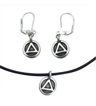 AA Alcoholics Anonymous Sobriety Recovery Triangle Charm Necklace & Earring Set- Silver & Black Leather - CI182AUDL93