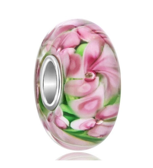 Q&Locket 925 Sterling Silver Spring Pink Flower Murano Glass Bead Fit Charms Bracelet - CM12MY0MZBN