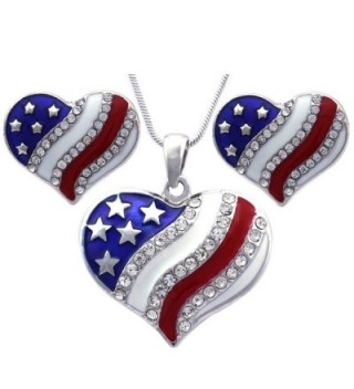 4th of July USA American Flag Heart Star Pendant Necklace Earrings Set - Heart Stud Silver-tone - C211Q37PEYD