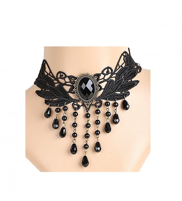 Wiipu Lolita Goth Black Lace Choker Velvet Necklace Cameo Beads Tassels Necklace - CF1268XPRTX