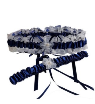 Bingirl Lace Floral Plicate Wedding Bridals Satin Garter Set of 2 Pieces with Bowknot - dark blue - CT12NBU8FWV