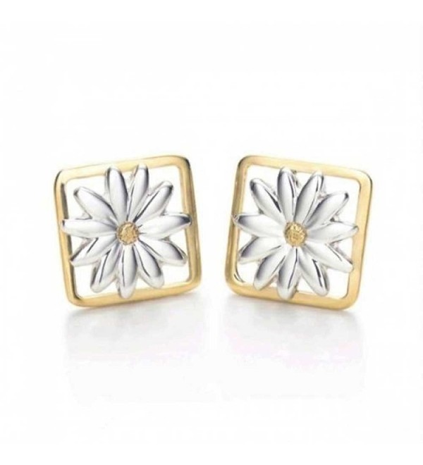Bling Jewelry Two Tone Square Daisy Stud earrings 925 Sterling Silver Gold Plated 11mm - CG113XPIIRD