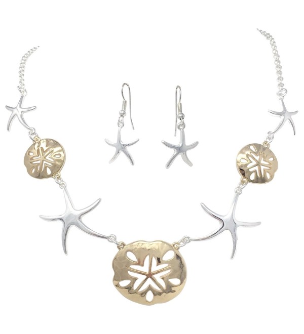 Sand Dollars & Starfish Simple Sealife Nautical Boutique Statement Necklace & Earrings Set - C3184CRATYI