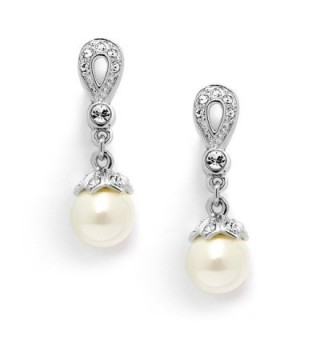 Mariell Vintage CZ and Ivory Pearl Drop Bridal or Wedding Earrings Plated in Genuine Silver Platinum - C1123A55C9V