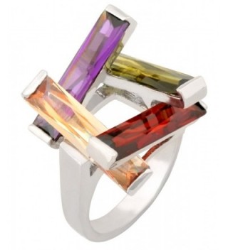 JanKuo Jewelry Rhodium Plated with a Combination of Four Long Bar Multi-Color CZ Ring with Gift Box - CY116VE9LIX