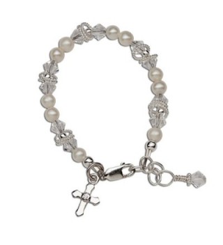 Children's Sterling Silver First Communion- Baptism Cross Bracelet with Cultured Pearl and Crystal - CI11LPCI0Z1