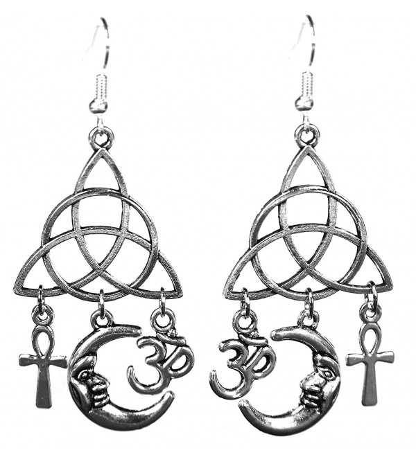 Silvertone Dangle Earrings w/ Egyptian Ankh- Pagan Crescent Moon- Hindu Om & Celtic Triquetra- 2.5 Inches - C012IGRW4T5