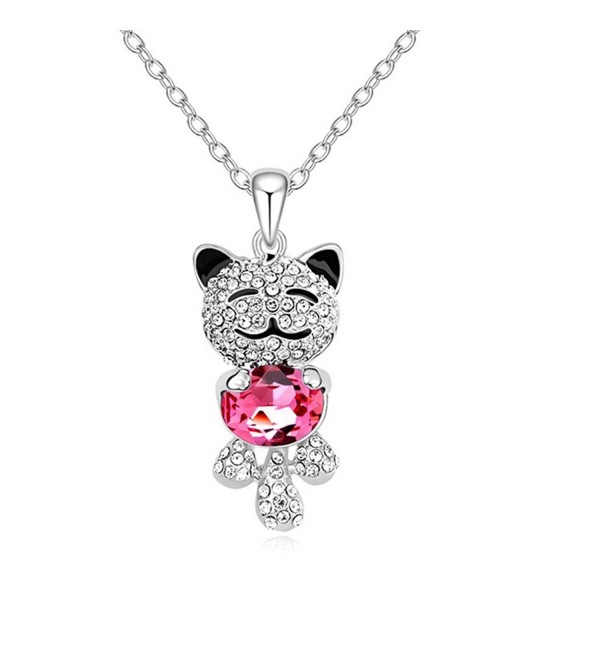 CASOTY "Lucky Cat" Crystal Necklace Pendant - Elegant and eye-catching Crystal Necklaces (Rose Red) - C7129B7EM5X