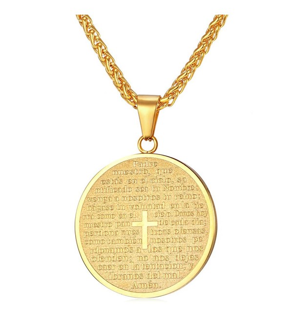 U7 Lord's Prayer Cross Round Medal Pendant Necklace - CV12GQFLYY5