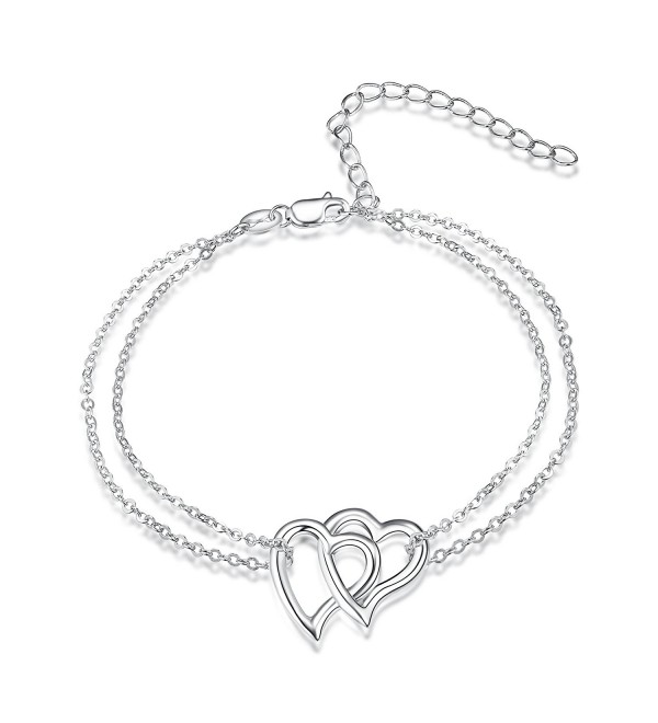 Never Seperated  Sterling Silver Interlocking Love Heart Link Bracelet for Women Girls - CB1885KDQ7U