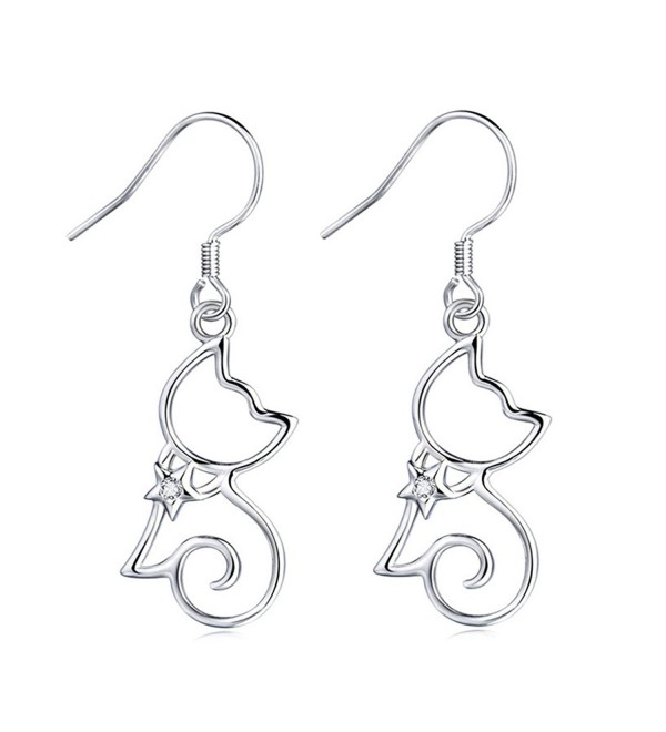 MASOP 925 Sterling Silver Cubic Zirconia Kitten Cat Dangle Earrings for Women Girls - CF12LVQBXV3