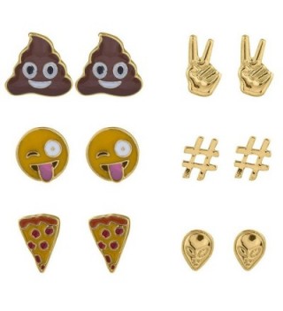 Lux Accessories Emoji Poop Peace Sign Pizza Alien Hashtag Earring Set 6 pairs - Gold - CW17Y0GRN4G