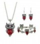 Ethnic Jewelry Set Antique Silver Chain Red Black Beads Owl Pendant Necklace Drop Earrings Charm Bracelet - Red - C91889Q9RKC