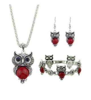 Ethnic Jewelry Set Antique Silver Chain Red Black Beads Owl Pendant Necklace Drop Earrings Charm Bracelet - Red - C91889Q9RKC