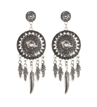 17KM 2016 Dream Catcher Vintage Leaf Feather Dangle Earrings Women Bohemia Earring Antique Silver Jewelry - CV12O33IHHO