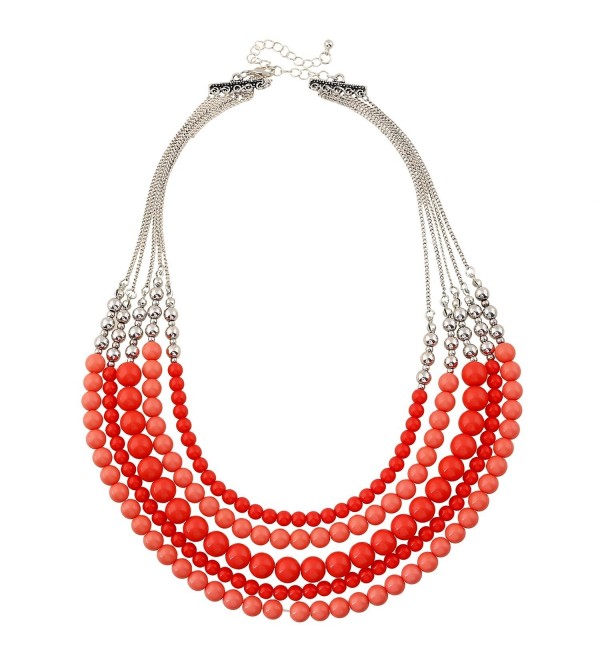 D EXCEED Gift Idea Fashionable Multi Layered Red Coral Color 5-Row Round Bib Bead Necklace for Women 20" - CS183GQ6KDW