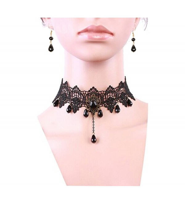Meiysh Black Lace Gothic Lolita Pendant Choker Necklace Earrings Set - CQ1299Y4G45