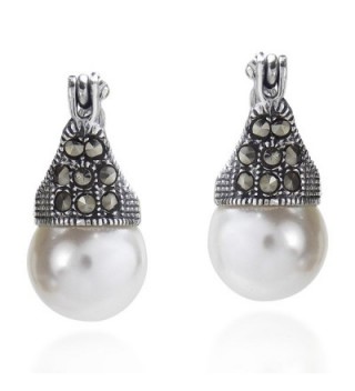 Vintage Flair Marcasite Style Pyrite and Cultured Freshwater Pearl .925 Sterling Silver 10 mm Earrings - CQ12NSCDARB