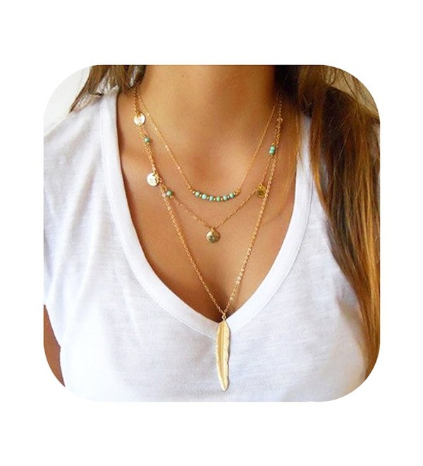 Sundear Multilayer Sequins Necklace Bohemia Turquoise Feather Necklace for Women - Gold Coin Feather - CK184HZMTXG