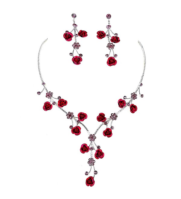 Faceted Metal Rose & Crystal Rhinestone Necklace & Earring set for Bridal- prom (Pink) - CH17Y7KH447