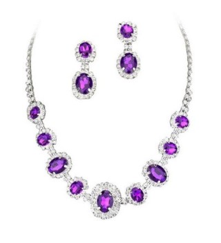 Purple Regal Rhinestone Crystal Statement Bridal Bridesmaid Necklace Earring Set Silver Tone F5 - CR11US753C7
