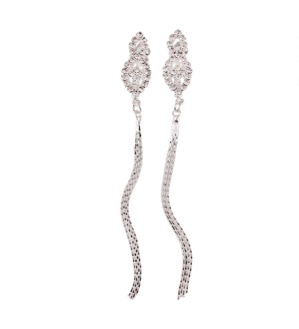 Rhinestone Silver Plated Clip on Earrings 4 Stands Tassels Fashion Earrings No Pierced - CZ12NT6OWU8