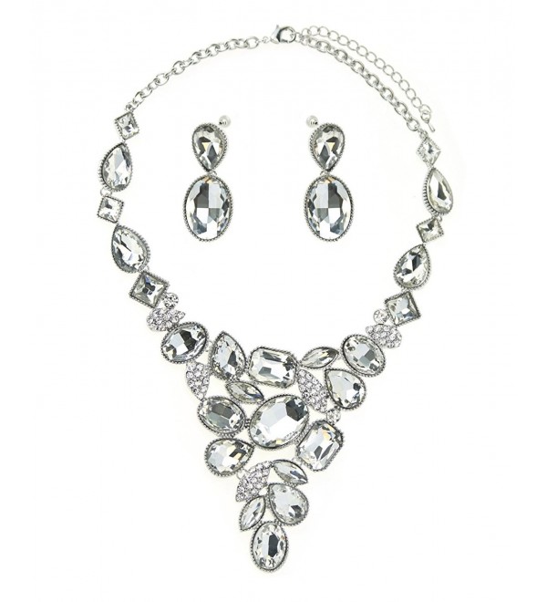 Women's Evening Gala Necklace and Earring Set - Multi Shape Gemstone - Clear/Silver-Tone - CS12F1I3C43